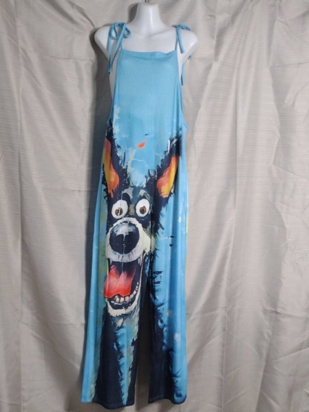 New Without Tags Blue Tie-Strap Wide Leg Jumpsuit Happy Dog Graphic Size Medium - Picture 8 of 8